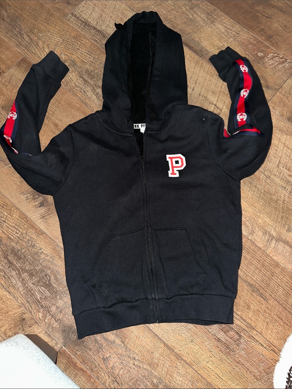Victoria's Secret woman’s Black Zip Hoodie with Red Sleeve Accents